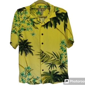 Caribbean Joe men’s floral Hawaiian button down up shirt yellow green blue SMALL